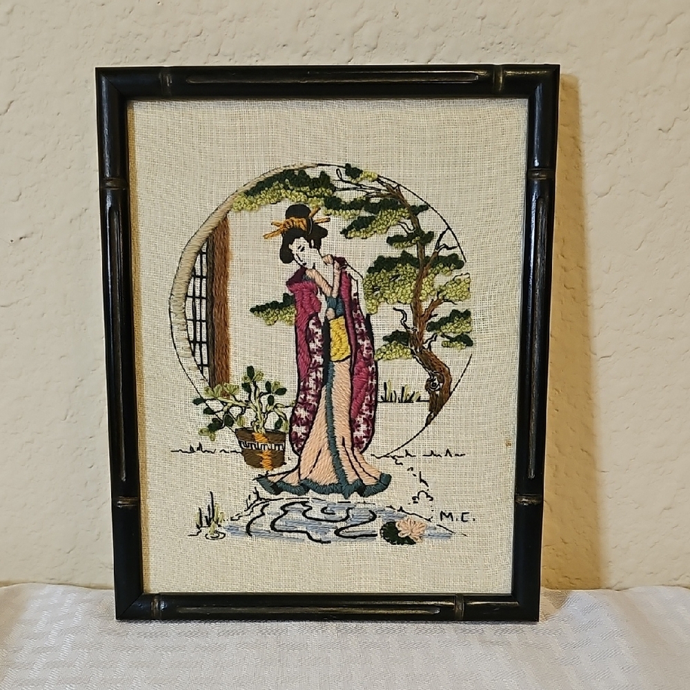 Pink and Green Fiber Art with Traditional Asian Influence Size 8.5 X 7 inches